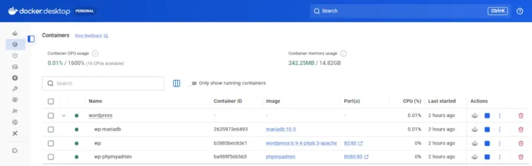 Docker Desktopのコンテナ画面