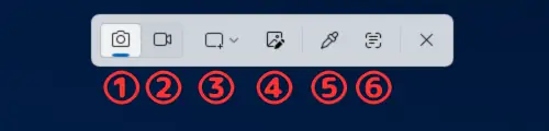 Windows 11のSnipping Toolに表示されるスクリーンショット撮影・画面録画・切り取りモード選択などの操作ボタンを番号付きで示した解説画像