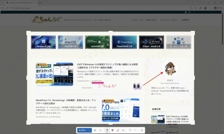 Windows 11のSnipping Toolで撮影したスクリーンショットに手書きの文字や矢印を追加している編集画面。画像内の特定箇所を注釈で強調しながら説明している