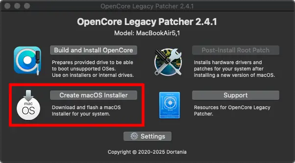 OpenCore Legacy Patcherのメイン画面でCreate macOS Installerボタンの位置を赤枠で示した画面