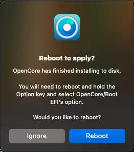 OpenCore Legacy Patcherによるインストール完了後macOSインストールを行うため再起動を促しているダイアログ画面