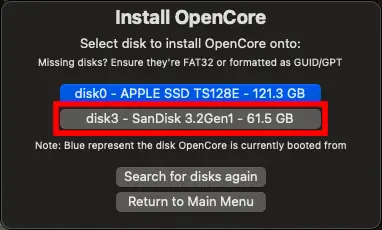 OpenCore Legacy PatcherでOpenCoreを書き込む対象ディスクを選択している画面。USBメモリが選択肢として表示されている