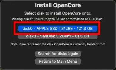 OpenCore Legacy PatcherでOpenCoreのインストール先としてMac内蔵SSDを選択している画面