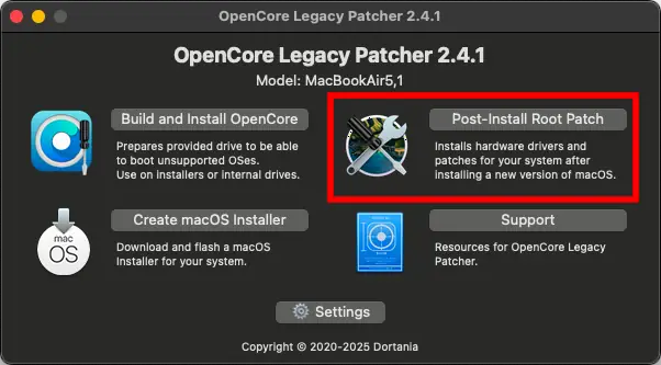 OpenCore Legacy Patcherのメイン画面でPost-Install Root Patchボタンの位置を示したスクリーンショット