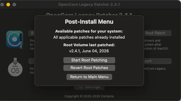 OpenCore Legacy PatcherのPost-Install Menu画面でRoot Patchの適用状況と実行ボタンが表示されている