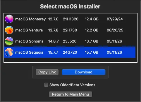 OpenCore Legacy Patcherで利用可能なmacOSインストーラー一覧からmacOS Sequoiaを選択している画面