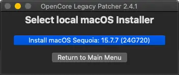 macOS Sequoiaインストーラーを選択して利用するための画面