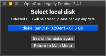 macOSインストーラーを書き込むUSBメモリを選択しているOpenCore Legacy Patcherの画面