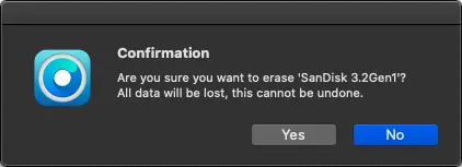 選択したUSBメモリを消去してmacOSインストーラーを作成する確認メッセージが表示された画面