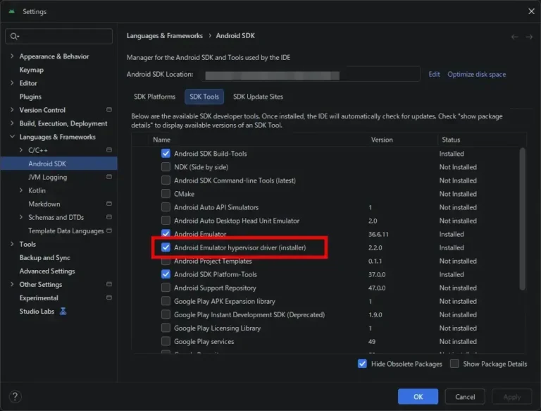 Android StudioのAndroid SDK設定にあるSDK Toolsタブで、Android Emulator hypervisor driverを選択している画面