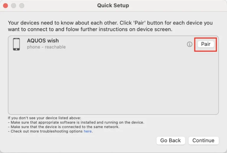 SodutoのQuick Setup画面で検出されたAndroid端末を表示し、Macと接続するために「Pair」ボタンをクリックする手順を示したスクリーンショット。