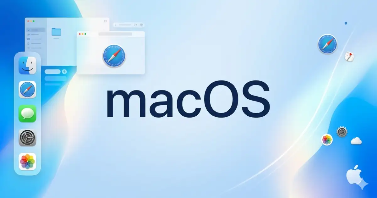 macOSのロゴを中心に、FinderやSafariなどのmacOSアプリのアイコンが配置された、macOSの基本情報や使い方まとめ記事のアイキャッチ画像