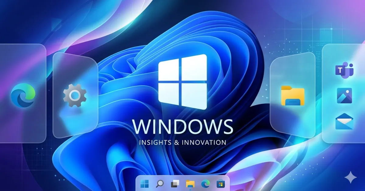 Windowsロゴを中心に、Microsoft Edgeや設定、エクスプローラー、Teamsなどのアイコンが配置されたWindows関連情報まとめ記事のアイキャッチ画像