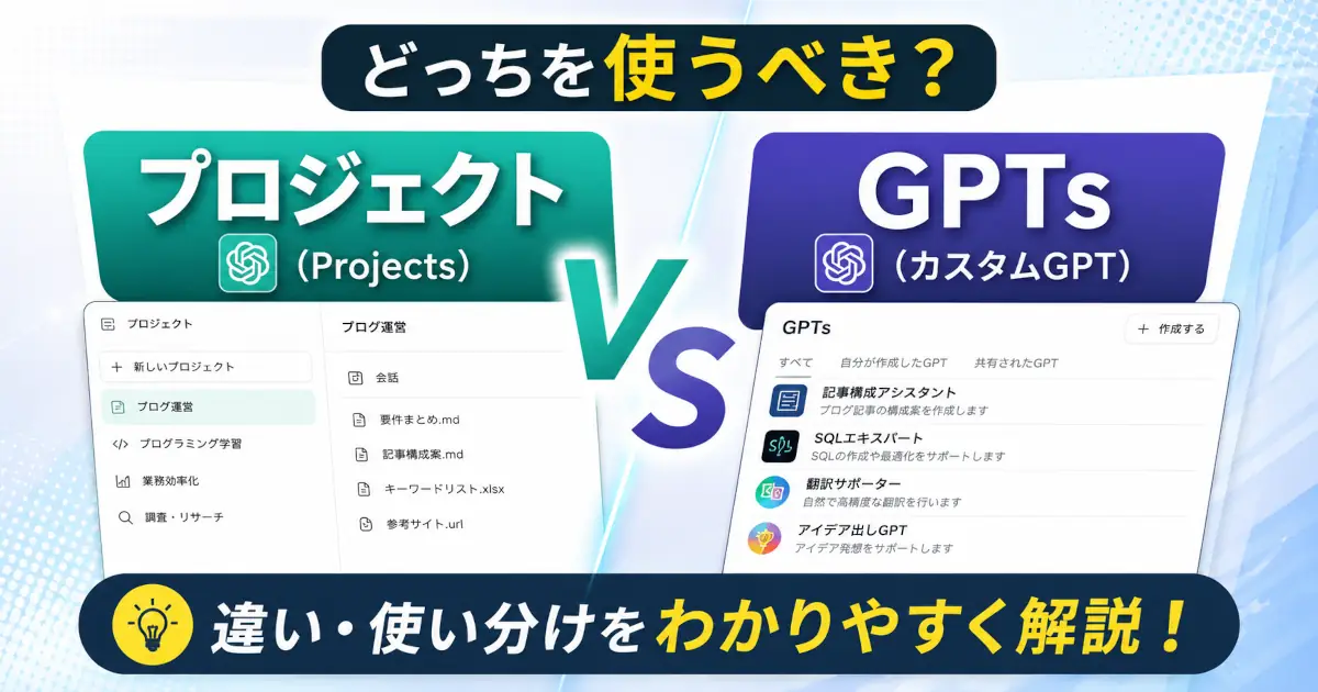 ChatGPTのプロジェクト機能（Projects）とGPTs（カスタムGPT）の違いを比較し、どちらを使うべきかを解説する記事のアイキャッチ画像