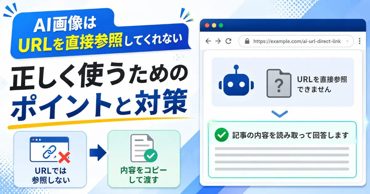 AI画像はURLを直接参照できないことと、記事内容をコピーしてAIへ渡す方法をイラストで解説した、URL参照の仕組みと対策を紹介する記事のアイキャッチ画像