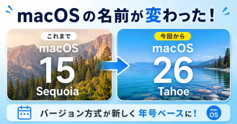 macOS 15 SequoiaからmacOS 26 Tahoeへ変更されることを示したアイキャッチ画像。従来のバージョン番号方式から年号ベースの新しい命名ルールへの移行を矢印で表現している