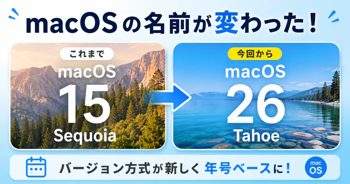 macOS 15 SequoiaからmacOS 26 Tahoeへ変更されることを示したアイキャッチ画像。従来のバージョン番号方式から年号ベースの新しい命名ルールへの移行を矢印で表現している