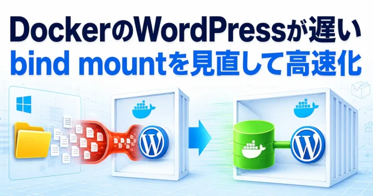Windowsのbind mountによるWordPressの遅延とnamed volumeへの変更による高速化を示した図