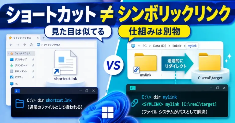 Windowsのショートカットとシンボリックリンクを比較し、見た目は似ていてもファイルとパスとして扱われる仕組みが異なることを示した図