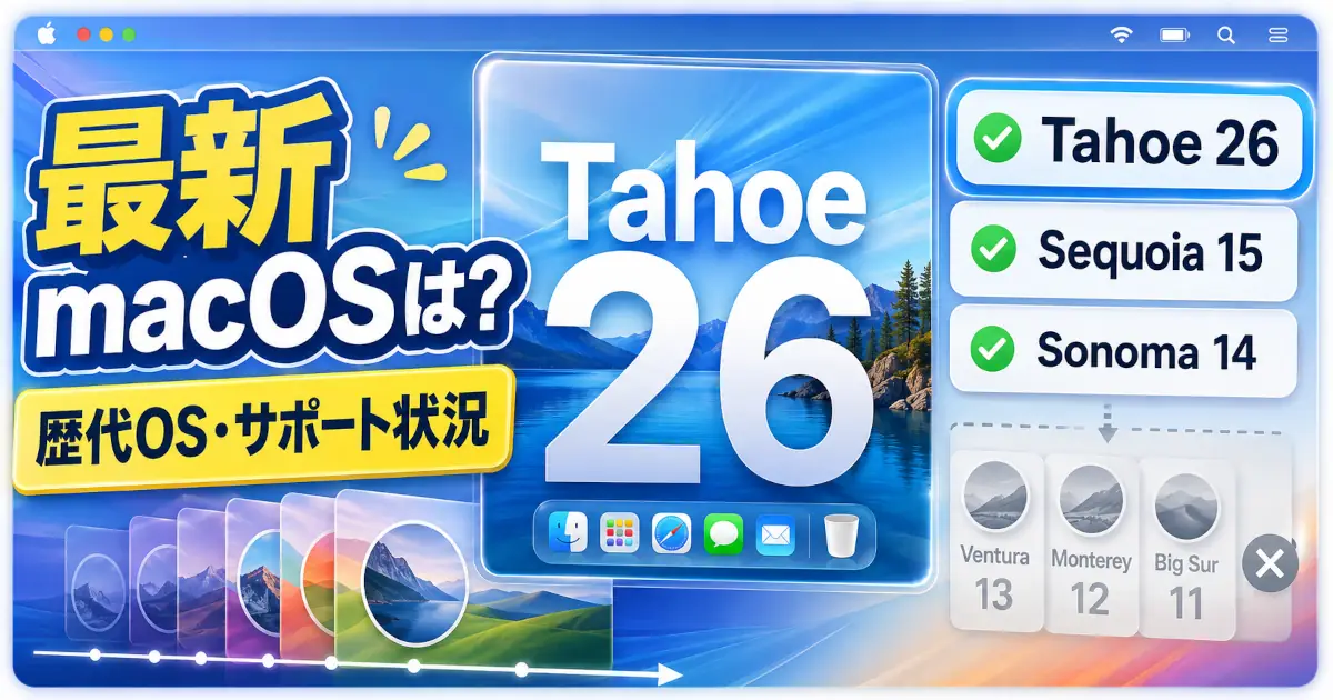 最新macOSのTahoe 26を中心に、Sequoia 15やSonoma 14など歴代macOSとサポート状況を示したアイキャッチ画像