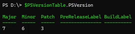 PowerShellで「$PSVersionTable.PSVersion」を実行しMajor 7、Minor 6、Patch 3としてバージョン7.6.3を確認している画面