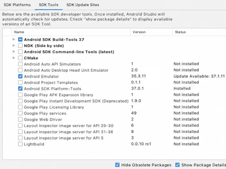 SDK ManagerのSDK Tools画面。Show Package Detailsが有効で、Android Emulator 35.3.11と更新候補37.1.11が表示されている