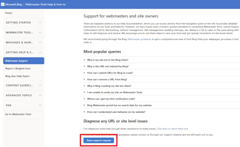 Bingのサポートページ下部にある「Raise support request」ボタン