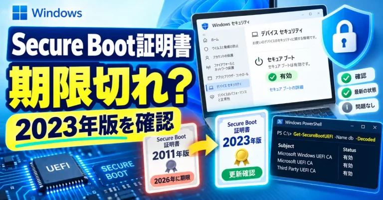 Secure Boot証明書の2011年版から2023年版への移行と、Windows セキュリティ・PowerShellによる確認のイメージ