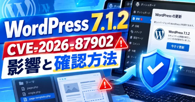 WordPress 7.1.2とCVE-2026-87902の文字、更新画面と盾を描いたイメージ