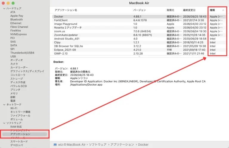 macOSのシステム情報でアプリケーション一覧の種類列からIntelアプリを確認する画面