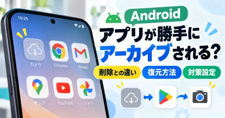 雲のマークが付いたアプリアイコンとGoogle Playから復元する流れを描いたイメージ