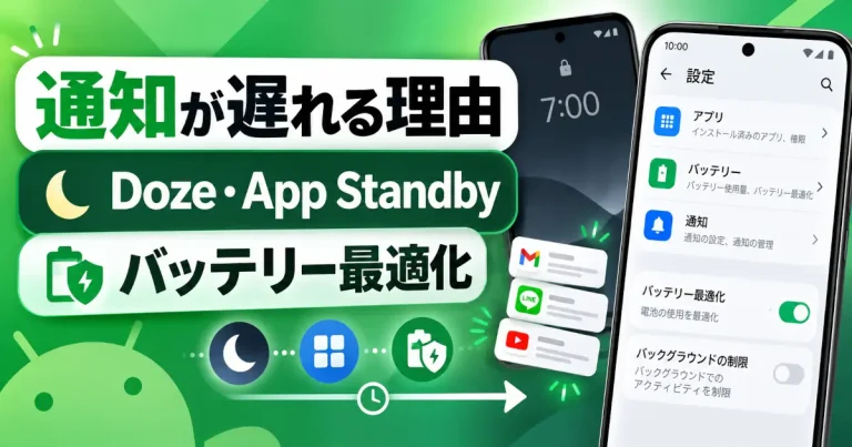 Doze・App Standby・バッテリー最適化の文字と、通知カードやスマートフォンの設定画面を描いたイメージ