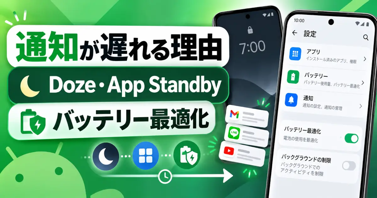 Doze・App Standby・バッテリー最適化の文字と、通知カードやスマートフォンの設定画面を描いたイメージ