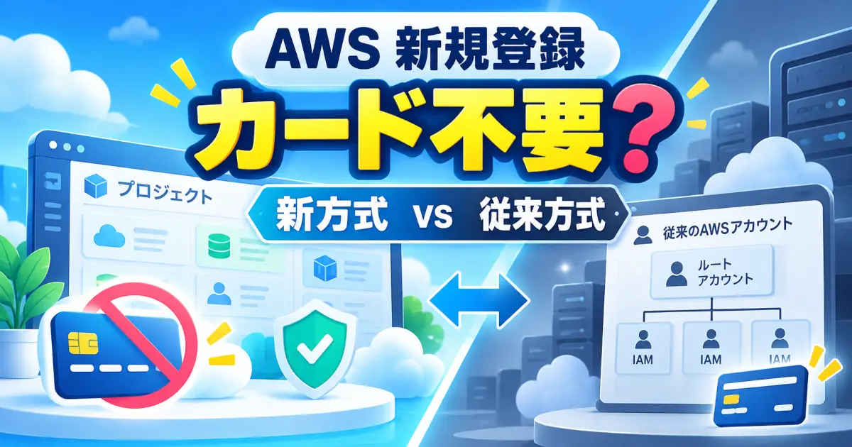 AWSのカード不要の新規登録と、新しいプロジェクト方式・従来方式を比較するイメージ