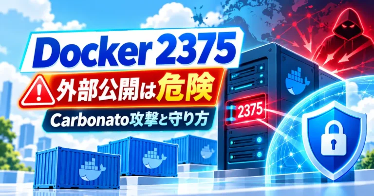 Dockerの2375番ポートの外部公開に注意を促し、サーバーへの攻撃と鍵付きの盾を描いたイメージ
