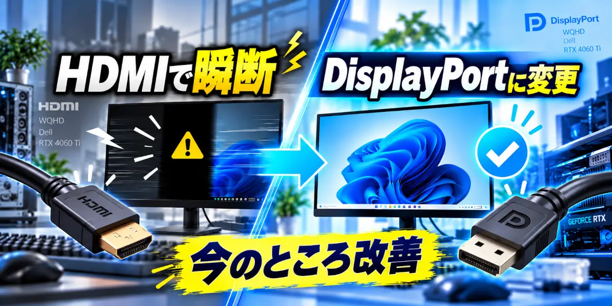HDMI接続で画面が瞬断するモニターと、DisplayPort接続への変更後を表したイメージ