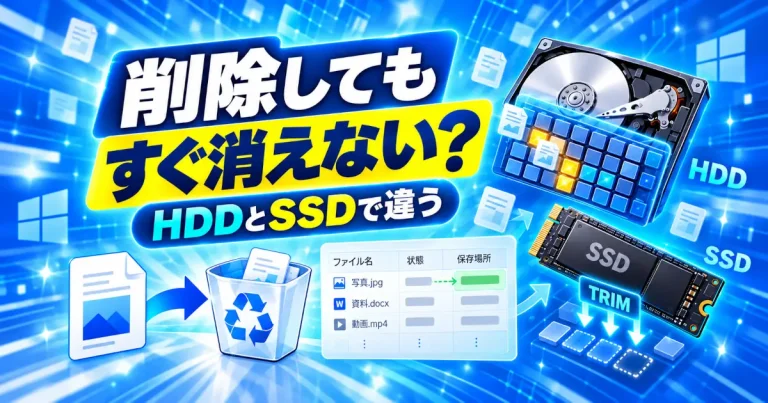 ファイル削除後のデータと、HDD・SSDの違いを表したイメージ