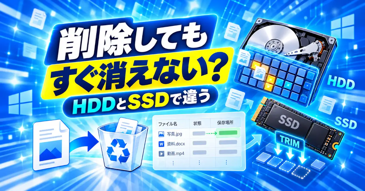 ファイル削除後のデータと、HDD・SSDの違いを表したイメージ