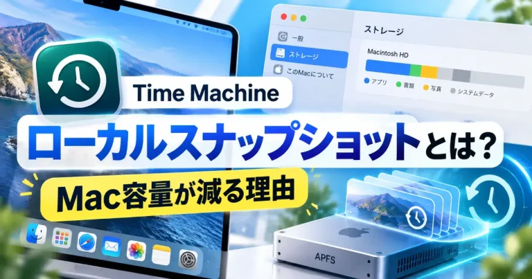 Time MachineのローカルスナップショットとMacの容量をテーマに、Macとストレージ画面、履歴を表すアイコンを描いたイメージ