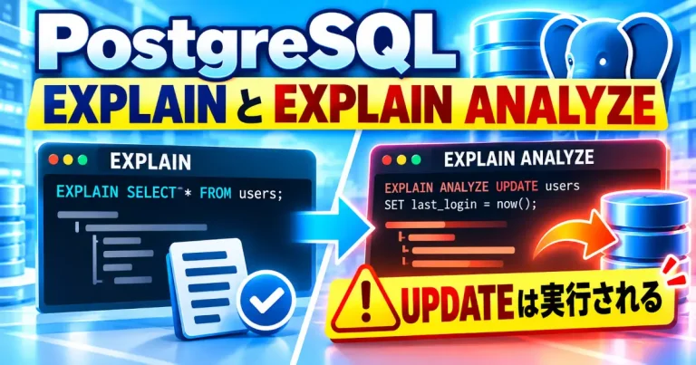 PostgreSQLのEXPLAINとEXPLAIN ANALYZEを左右に並べ、ANALYZE付きのUPDATEは実際に実行されることを示す画像