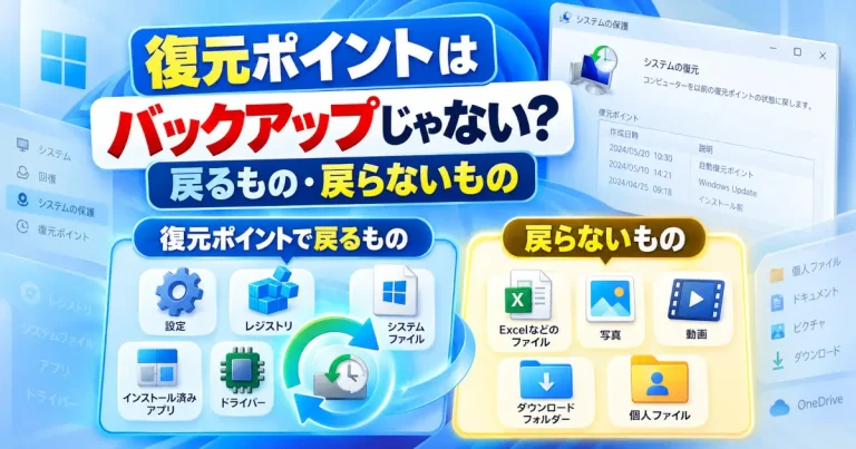 Windowsの復元ポイントで戻る設定・レジストリ・アプリ・ドライバーと、戻らない文書・写真・動画を対比したイメージ
