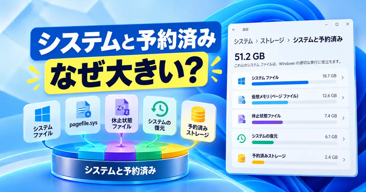 システムファイル・仮想メモリ・休止状態ファイル・システムの復元・予約済みストレージをまとめたイメージ
